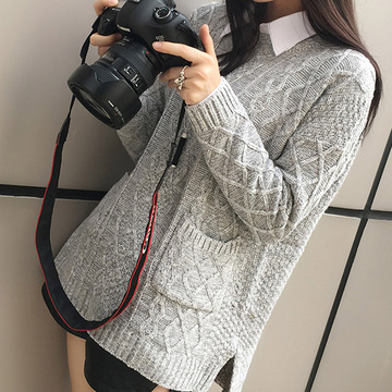 韩国代购2015秋冬装新款显瘦加厚衬衣毛衣女两件套圆领宽松针织衫