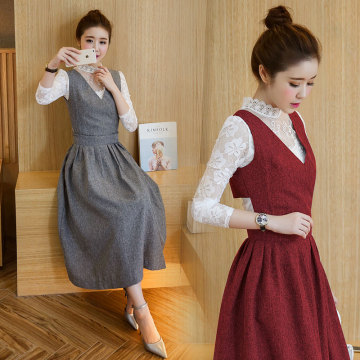 韩版气质套装裙女2016秋季新款长袖修身蕾丝衫背心裙两件套背带裙