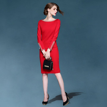 2015秋装新款红色连衣裙长袖中长款修身时尚OL女装打底裙一步裙