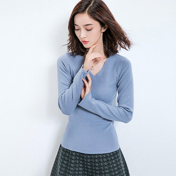 2016秋冬季新款韩版袖开叉修身长袖V袖针织衫打底衫毛衣上衣女装