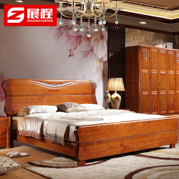 全纯实木床 北美白蜡木1.8M高箱储物床 中式雕花双人床 卧室婚床