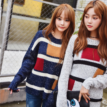 2016韩国代购女装冬季新款复古民族风撞色套头百搭针织厚毛衣