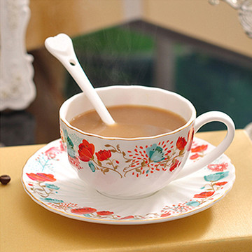 包邮高骨瓷花茶杯咖啡杯英伦茶杯套装 欧式英式送勺 送礼佳品