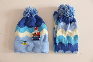 波浪拼色帽子围巾两件套 韩版男女宝宝儿童婴儿保暖