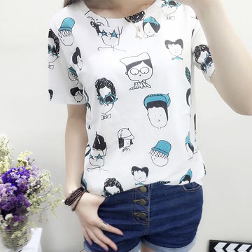 2015韩版小清新女装短袖T恤可爱学生宽松夏装卡通印花纯棉上衣潮
