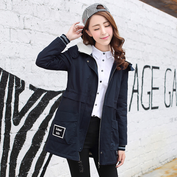 2015少女冬装棉衣韩版修身加厚连帽风衣中长款加绒外套女学院风生