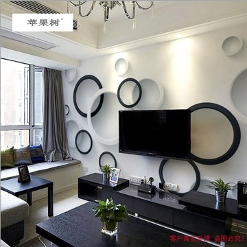 无缝大型壁画3d立体墙纸无纺布 现代简约 电视背景墙壁纸黑白圆圈