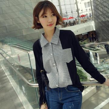 2016年春季新款时尚女装韩版条纹拼接修身百搭长袖衬衫