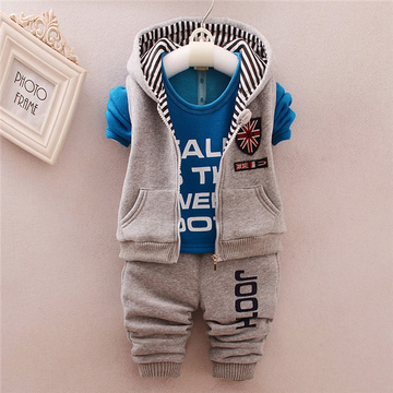韩版1-2-3-4岁男童套装冬装加绒加厚婴儿宝宝卫衣马甲三件套加绒