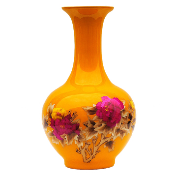 鸿轩 景德镇陶瓷器 牡丹麦秆花瓶 中国黄釉下镶金 结婚礼品(大号)