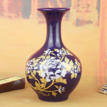 蓝色小花瓶 景德镇陶瓷工艺品 白金牡丹赏瓶 家居书房装饰品摆设