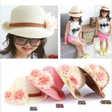 夏季韩版清新儿童草帽 半翻边花朵女童旅游沙滩帽 太阳帽批发