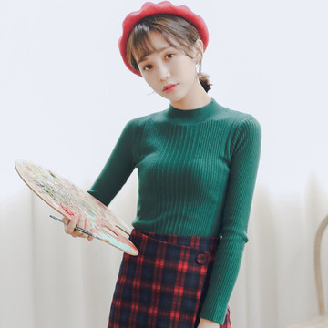2016秋装韩国复古新款小高领短款毛衣针织衫打底衫