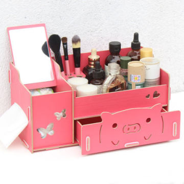 包邮 桌面木质化妆品收纳盒 有抽屉储物盒 带镜子梳妆盒整理盒