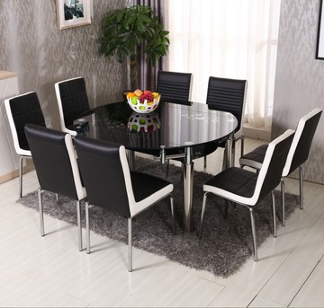 简约现代伸缩圆桌钢化玻璃饭桌可餐桌椅组合转盘小户型家具