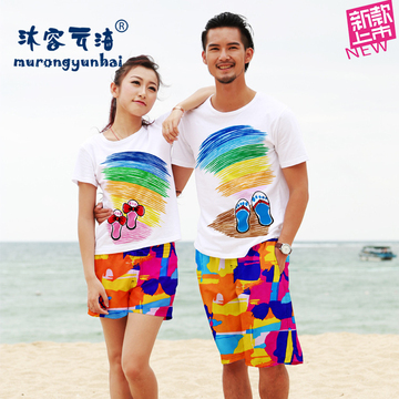 沙滩情侣装夏装2015新款海边蜜月度假套装潮 大码显瘦韩版短袖t恤