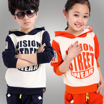 2015新款潮韩版加厚中大童少女少男字母两件套男孩外装童装