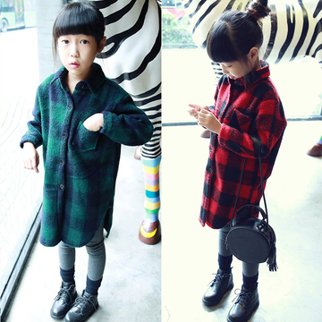 女童毛呢外套2015冬装新款韩版中大童加厚加绒格子呢子大衣外套潮