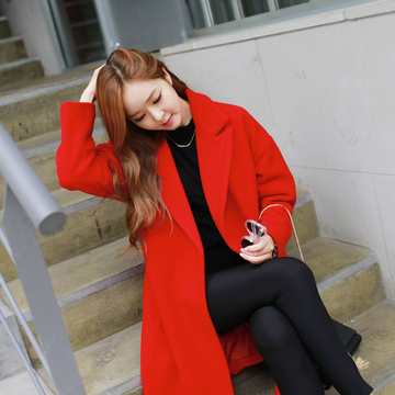 2015秋冬新款韩版气质polo西装领红色羊毛呢中长款 呢料外套W61