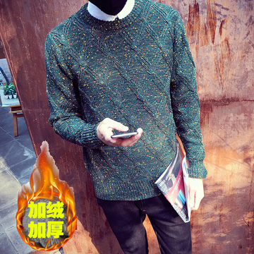 冬季毛衣圆领套头针织衫韩版男士加绒加厚日系复古潮大码学生线衣