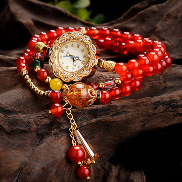 红玛瑙宝石串珠手链表 热卖韩版时尚学生水晶石榴石手表手链