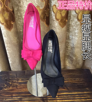 韩国代购蝴蝶结玫红粗跟黑色中跟女鞋高跟鞋浅口工作鞋尖头鞋单鞋