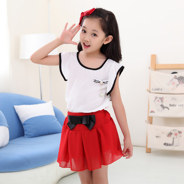 童装2015夏装新款韩版中大童短袖雪纺衫儿童套装女童上衣裙子套装