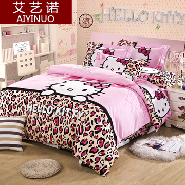 儿童女孩hello kitty凯蒂猫全棉磨毛卡通四件套加厚床单床上用品