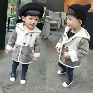 男童连帽外套小童装15冬季韩版新款儿童鹿皮绒拼接外套宝宝上衣潮