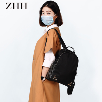 ZHH2016新款女包帆布牛津布配真皮双肩包女韩版铆钉尼龙旅行背包
