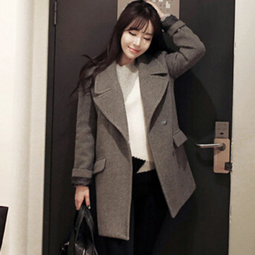 2016秋季新款 韩版修身单排扣女装中长款毛呢大衣显瘦外套
