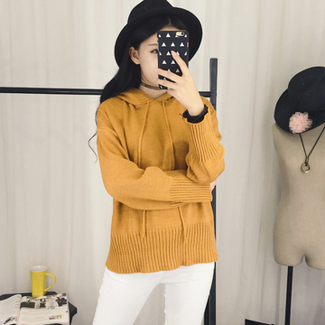 2015冬季新款韩版简约纯色连帽加厚套头毛衣学生连帽套装针织卫衣