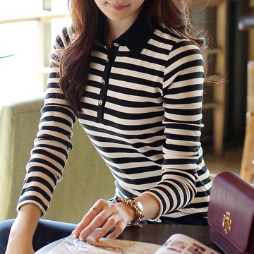 2015秋季新款女装T恤韩版翻领条纹纯棉长袖打底衫上衣女