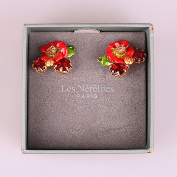 代购Les Nereides珐琅彩釉锆石红花耳钉耳环 925银针水晶女耳饰品