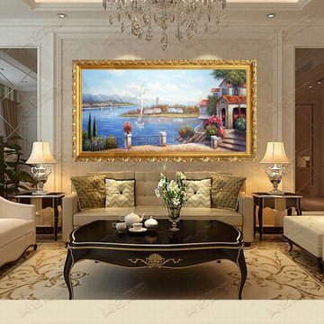 地中海风景油画 纯手绘客厅装饰玄关挂画 爱琴海无框 海景房屋画