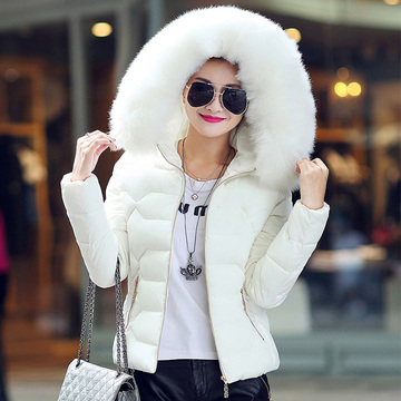 2016冬装新款韩版修身时尚保暖连帽大毛领短款羽绒棉服学生外套女