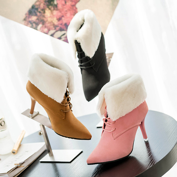 2015秋冬甜美新款高跟鞋女尖头羊皮加绒系带短靴保暖细跟绒面女靴