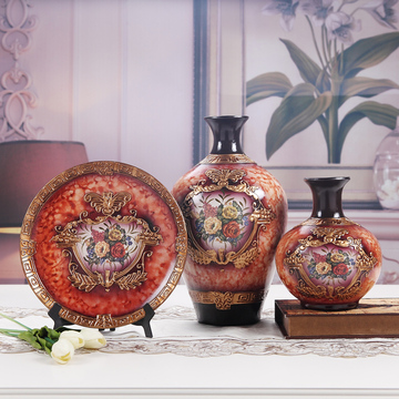 景德镇陶瓷 客厅复古欧式三件套花瓶 现代家居装饰品 工艺品摆件