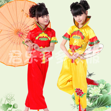 六一儿童中国结民族风舞台秧歌舞服表演大立领荷花红色女童舞蹈套