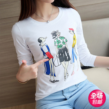 2016秋季新款韩版女装女士卡通秋装一件修身长袖棉圆领印花T恤
