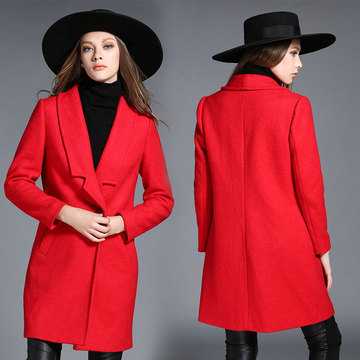 胖MM冬装新款欧美加大码女装2015红色羊毛呢外套中长款呢大衣女冬