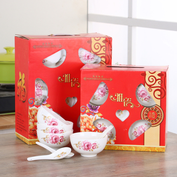 韩式陶瓷碗勺套装餐具礼品彩盒套装大红玫瑰花碗批发家用包邮