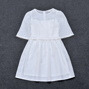 MTR工厂店夏甜美超仙2016新款假两件套披肩斗篷式白色格子连衣裙