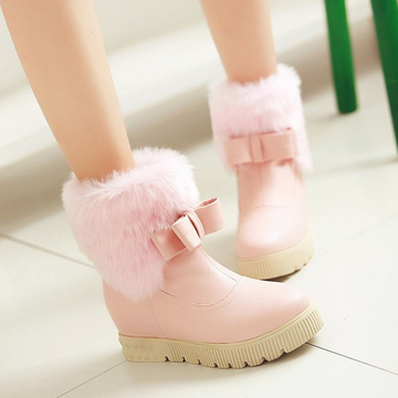 粉红色冬季甜美学生雪地靴女平跟防滑底保暖棉靴舒适内增高短靴子