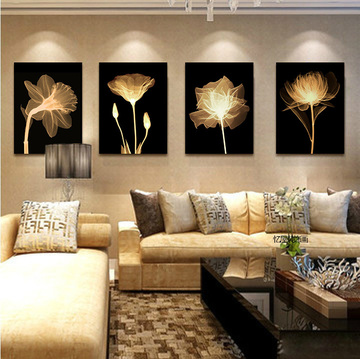 现代客厅冰晶装饰画无框画挂画常青树沙发背景墙壁画金色年华三联