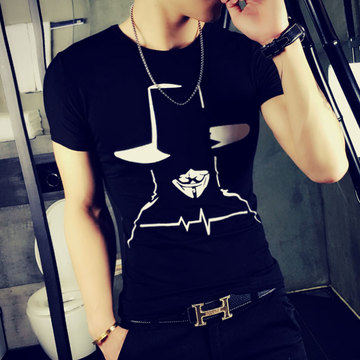 青少年韩国版印花款圆领短袖修身T恤潮流男青少年紧身半袖体恤衫