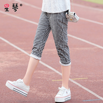星琴2015夏季新款少女棉麻七分裤 韩版高中学生格子宽松中裤
