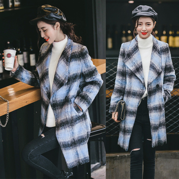 韩国代购新款毛呢外套女中长款韩版修身茧型一粒扣羊毛呢子大衣潮