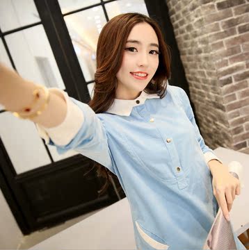 2015春装新款韩版女装修身大码拼接长袖灯芯绒中长款翻领纯色衬衫