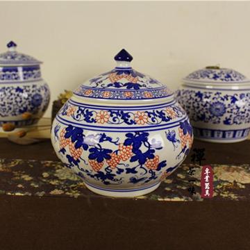 景德镇陶瓷茶叶罐 大号陶瓷罐子 青花釉里红储物罐 摆件